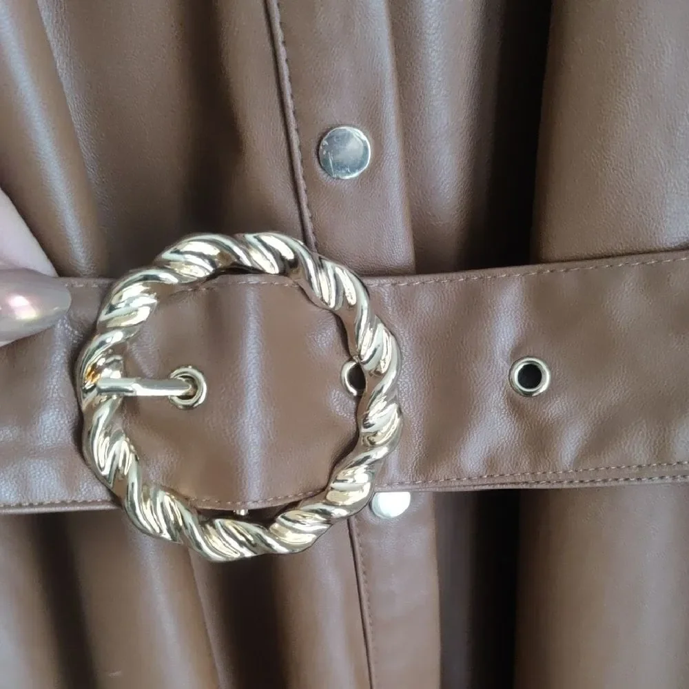 Zara Brown Faux Leather Long Sleeve Ruffle Dress